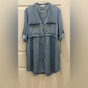 Zara Denim Long Sleeve Button Down Dress with Bejeweled Pockets Size M